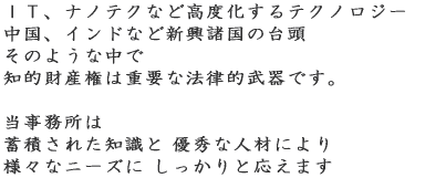 ＩＴ、ナノテクなど高度化するテクノロジー　知的財産権は重要な法律的武器です。　蓄積された知識と優秀な人材により様々なニーズに応えます。