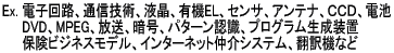 電子回路、通信技術、液晶、有機ＥＬ、センサ、アンテナ、ＣＣＤ、電池、ＤＶＤ、ＭＰＥＧ、放送、暗号、パターン認識、プログラム生成方法、ビジネスモデル、インターネット仲介システム、保険システム、翻訳機、複写機